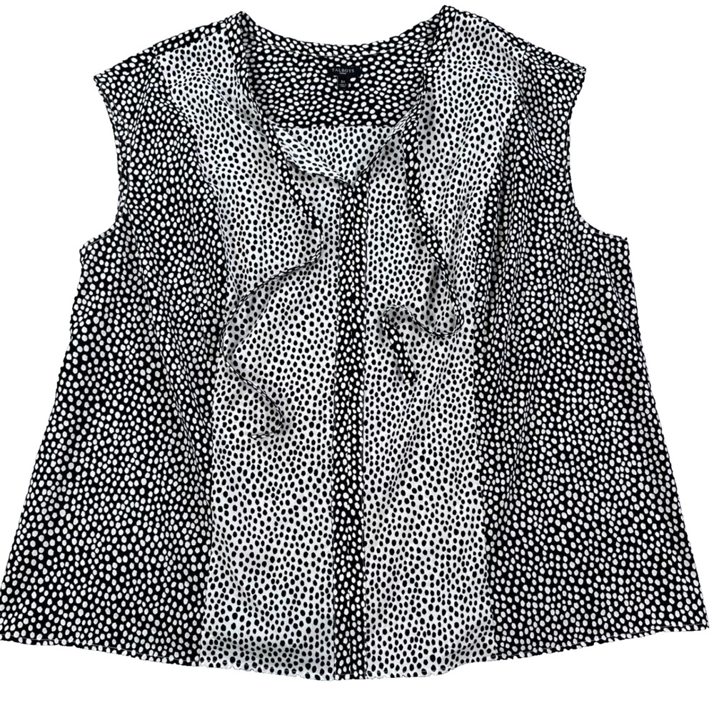 Talbots Women's 3X Polka Dot Sleeveless Blouse Contrast Black White Tie